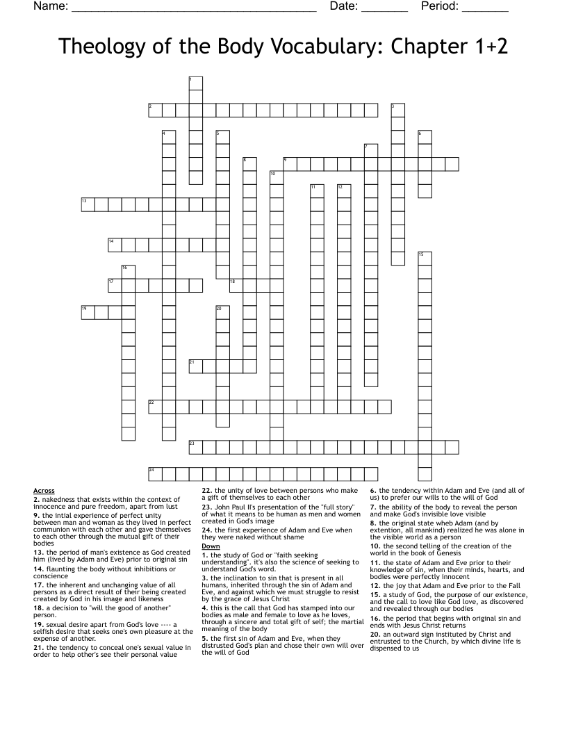 Theology of the Body Vocabulary: Chapter 1+2 Crossword