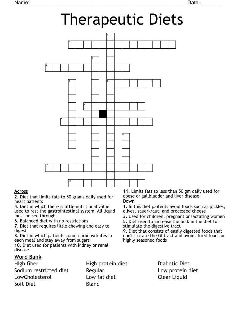Therapeutic Diets Crossword