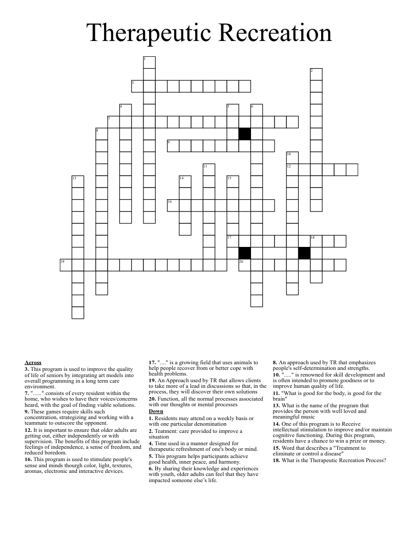 Therapeutic Recreation  Crossword