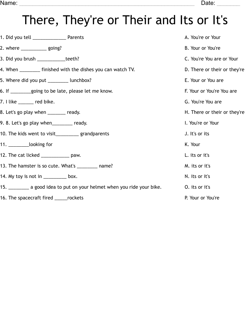 There,  They're  or Their  and Its  or  It's Worksheet