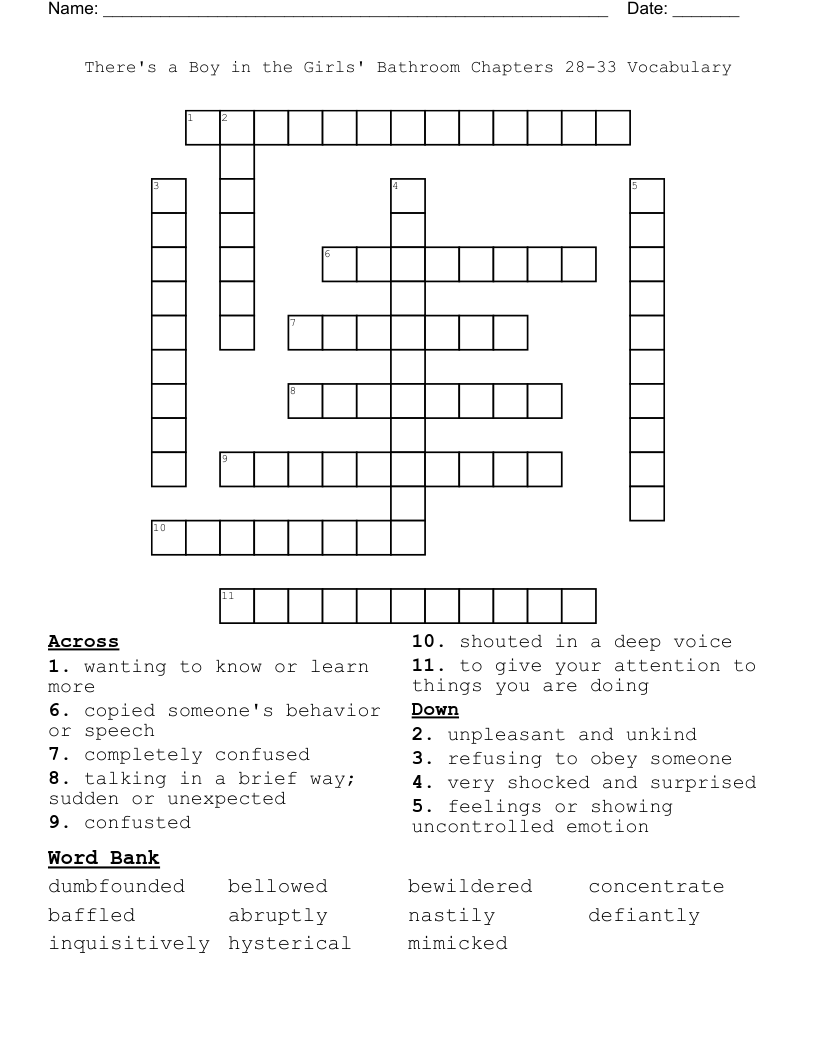 There's a Boy in the Girls' Bathroom Chapters 28-33 Vocabulary Crossword