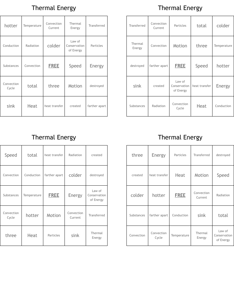 Thermal Energy Bingo Cards