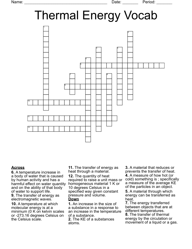 Thermal Energy Vocab Crossword