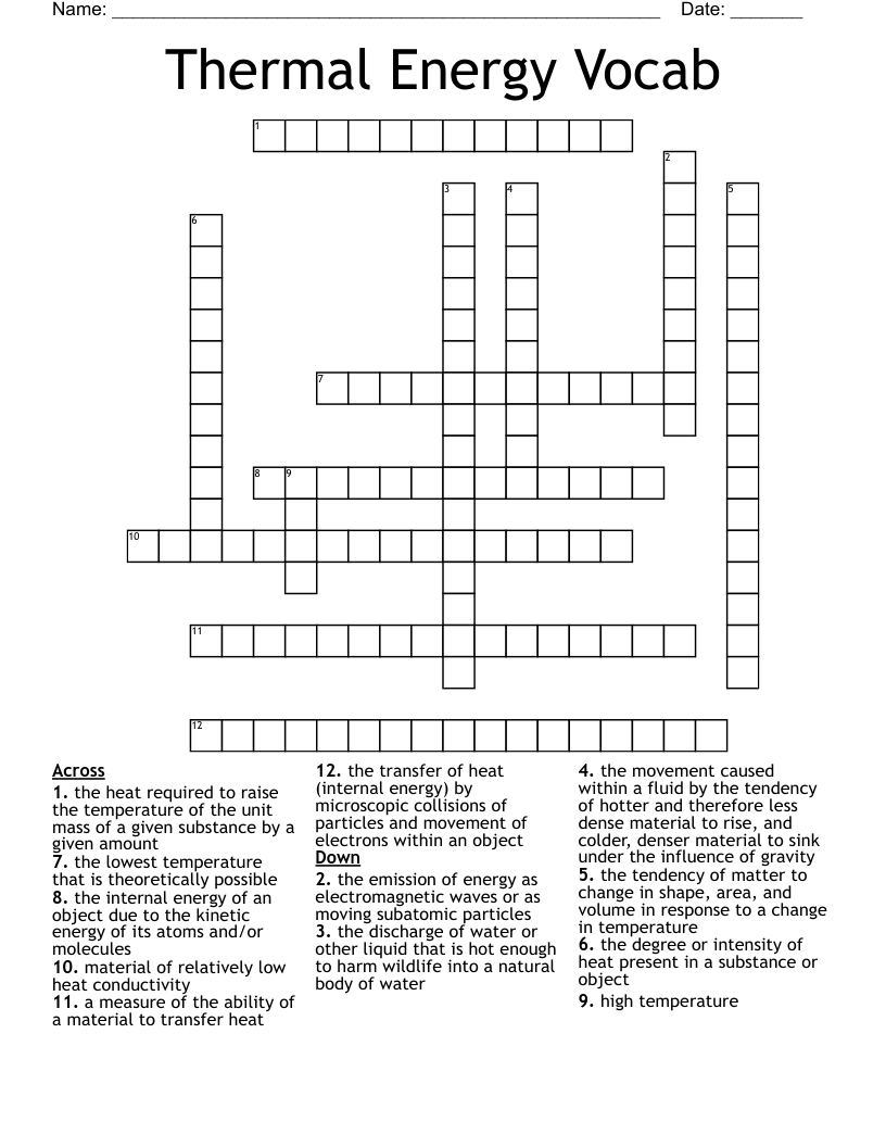 Thermal Energy Vocab Crossword