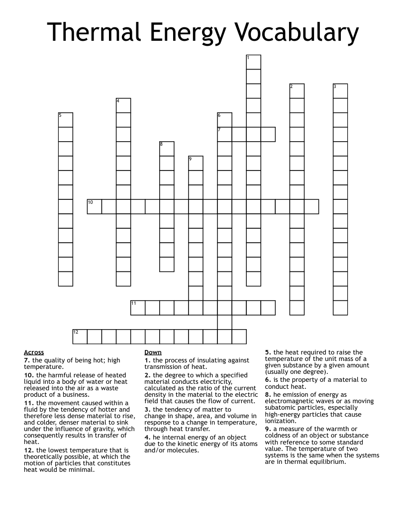 Thermal Energy Vocabulary Crossword