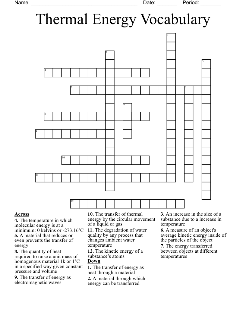 Thermal Energy Vocabulary Crossword