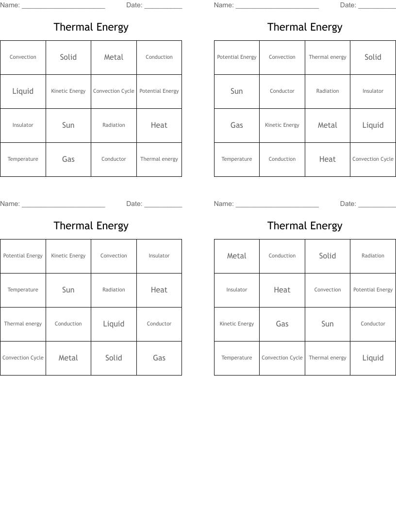 Thermal Energy  Bingo Cards