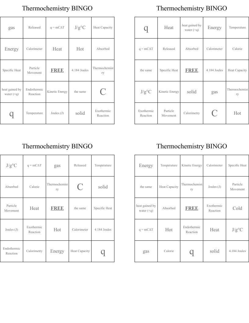 Thermochemistry BINGO