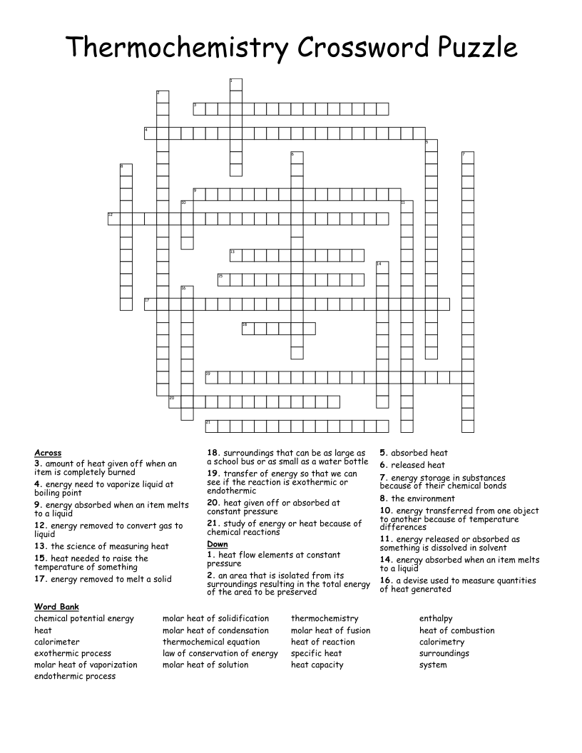 Thermochemistry Crossword Puzzle 