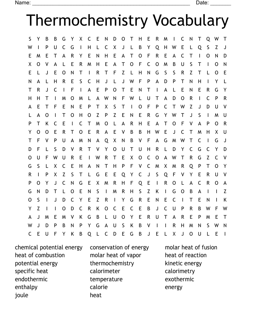 Thermochemistry Vocabulary Word Search