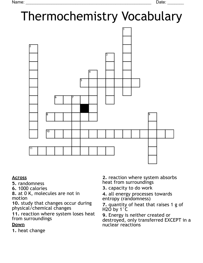 Thermochemistry Vocabulary Crossword