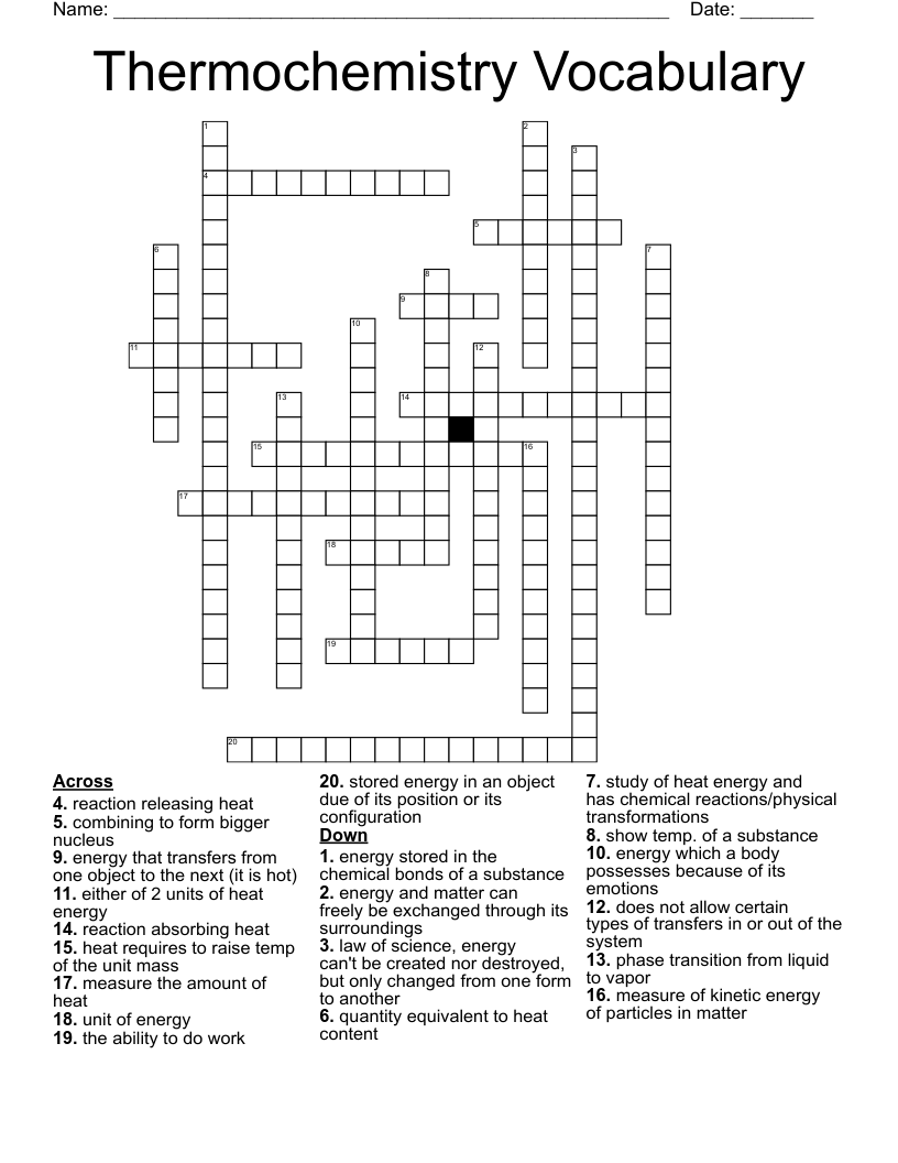 Thermochemistry Vocabulary Crossword