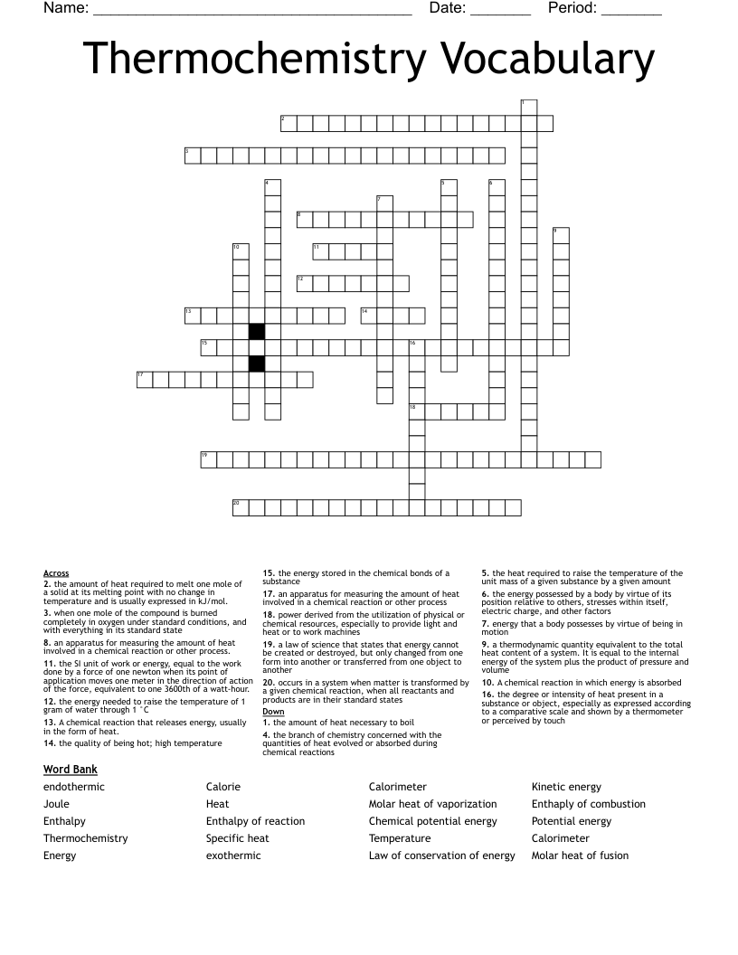 Thermochemistry Vocabulary  Crossword