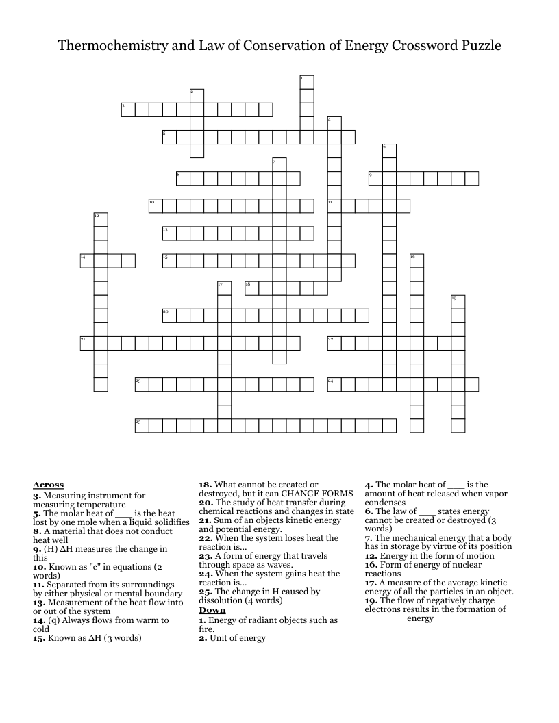 Thermochemistry and Law of Conservation of Energy Crossword Puzzle