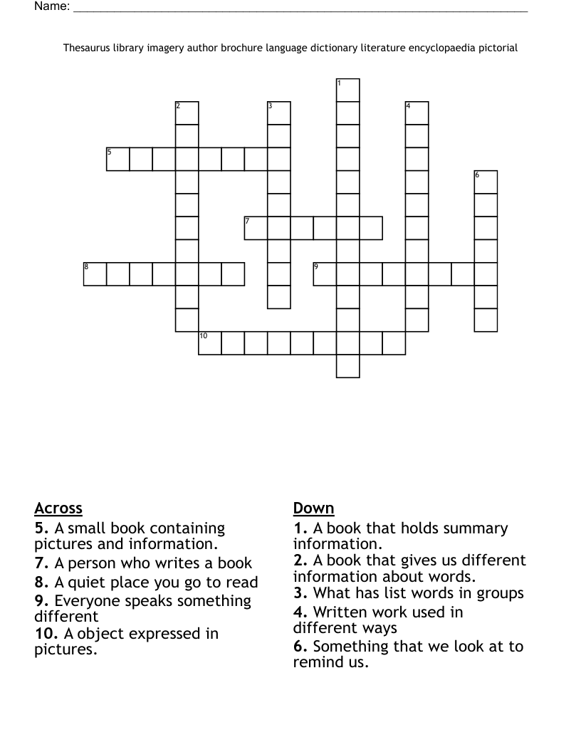 Thesaurus library imagery author brochure language dictionary literature  encyclopaedia pictorial  Crossword