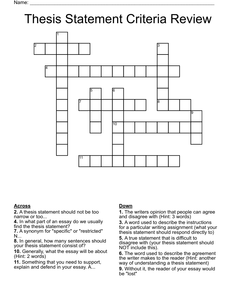 Thesis Statement Criteria Review Crossword