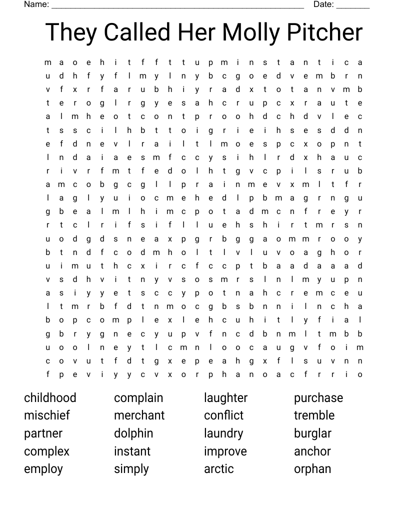 They Called Her Molly Pitcher  Word Search