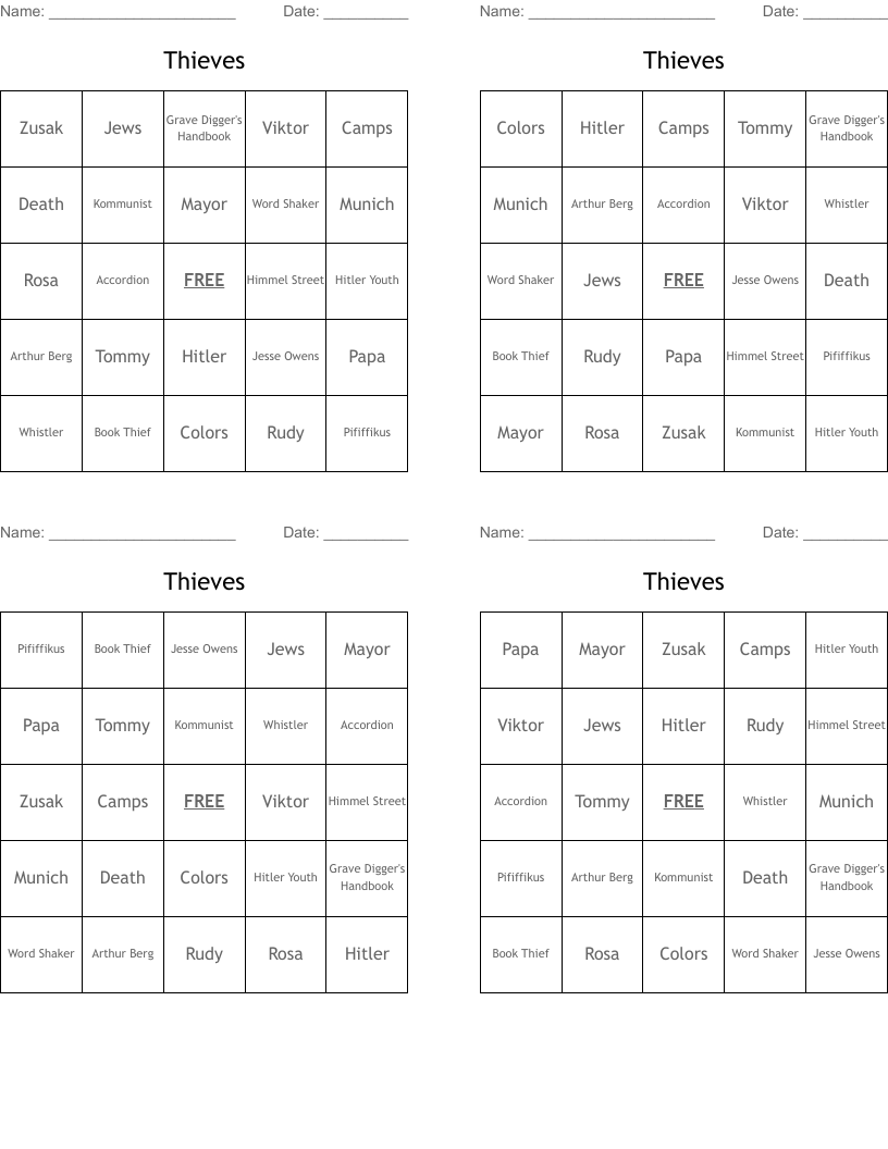 Thieves Bingo Cards