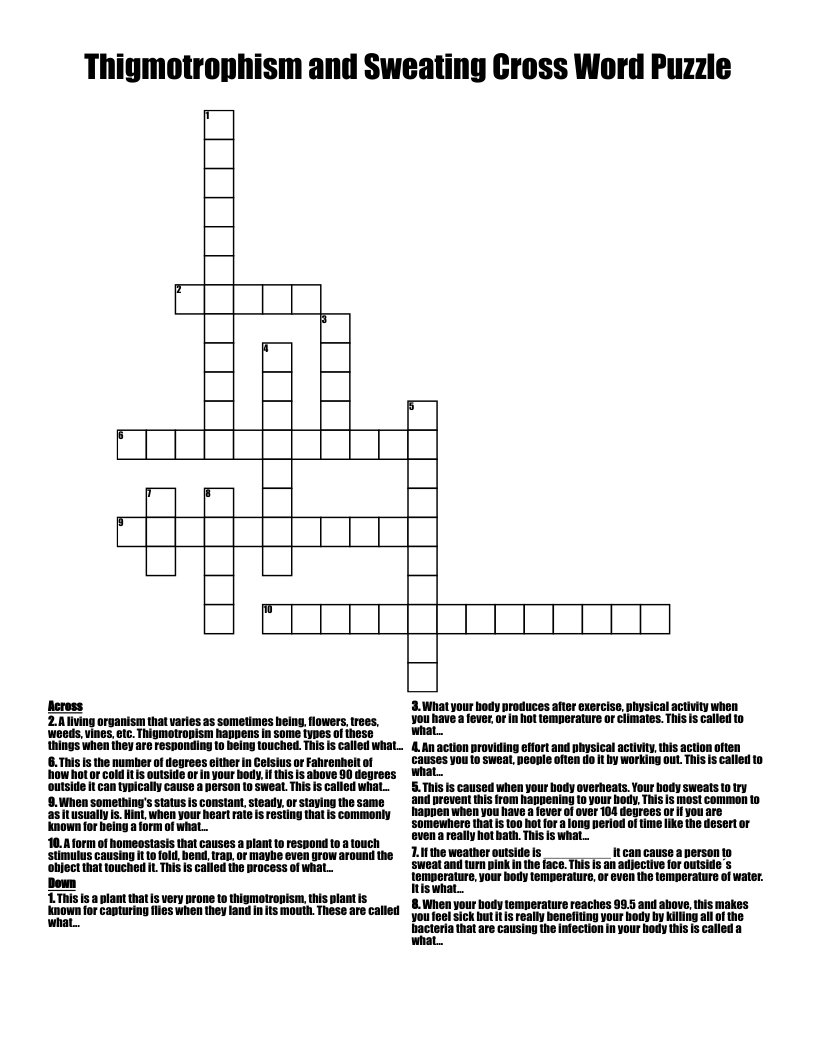 Thigmotrophism and Sweating Cross Word Puzzle