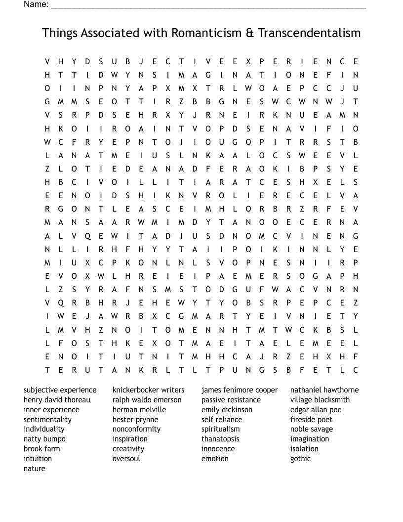 Things Associated with Romanticism & Transcendentalism Word Search