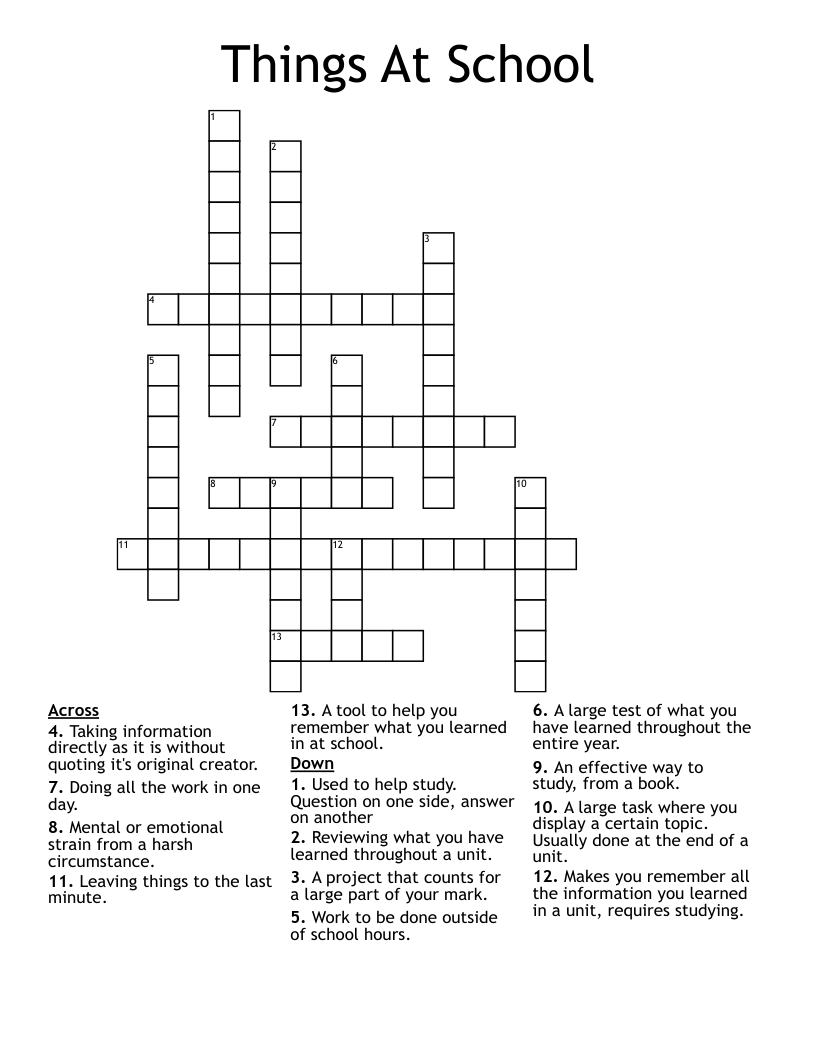Things At School Crossword