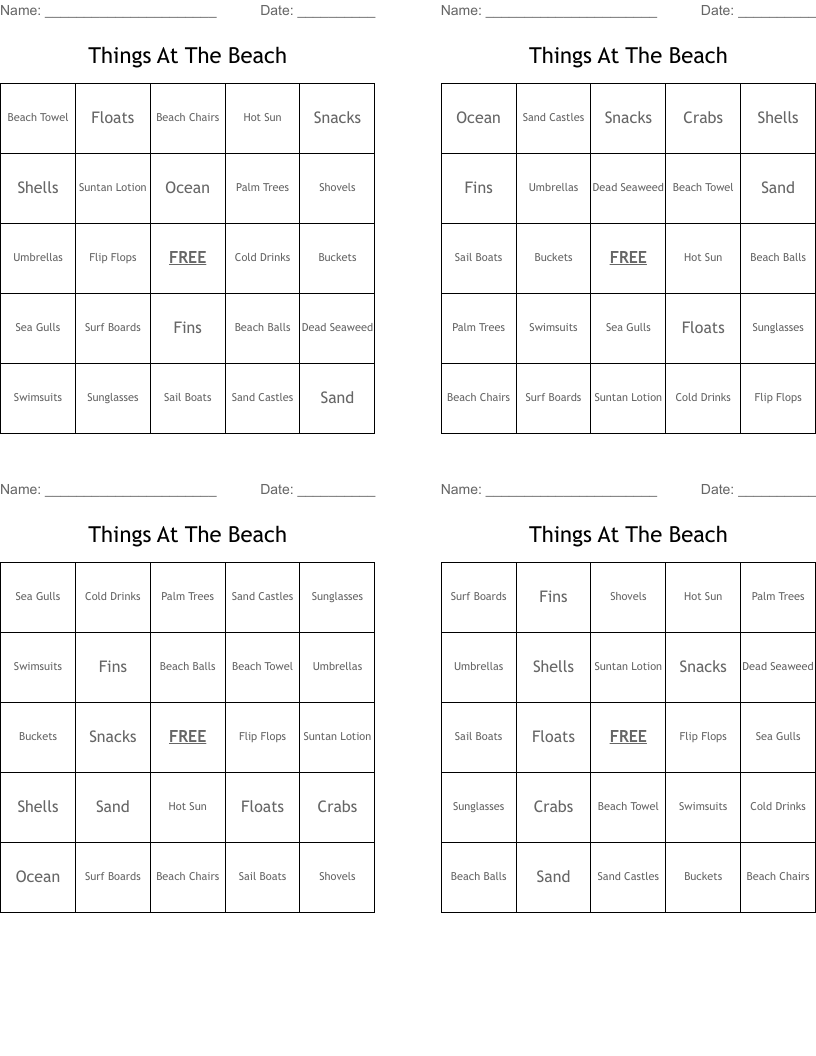 Things At The Beach Bingo Cards