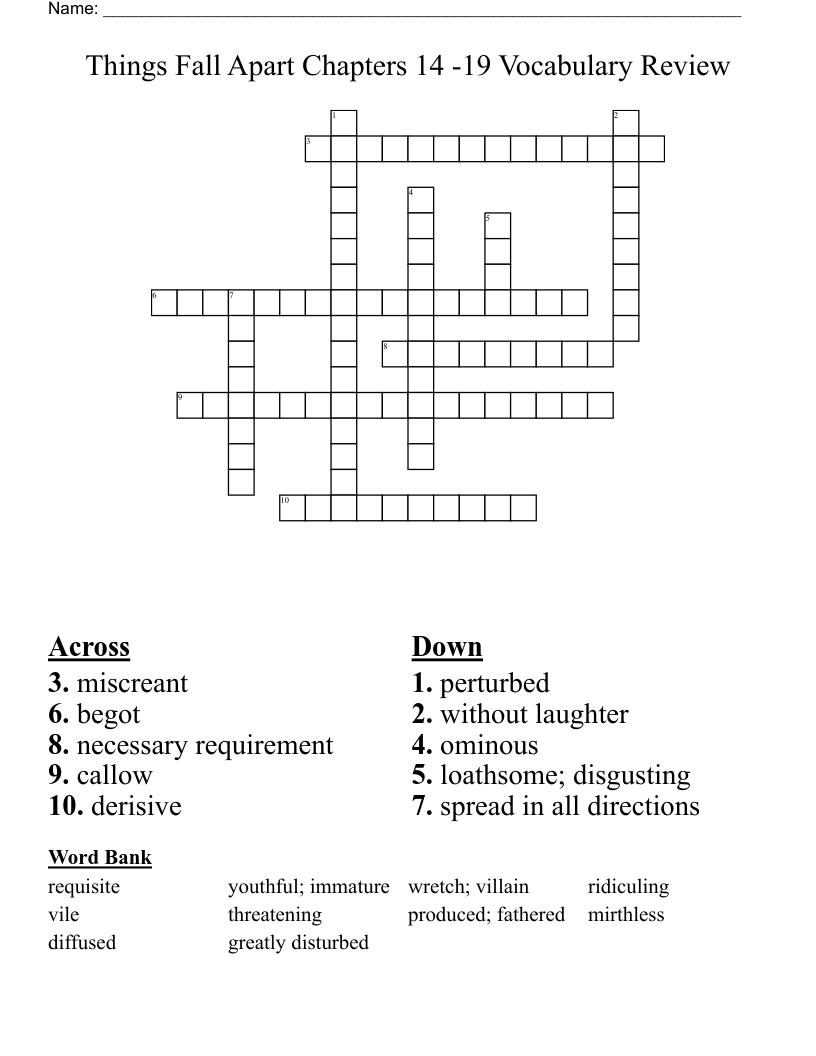 Things Fall Apart Chapters 14 -19 Vocabulary Review Crossword