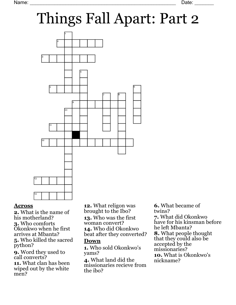 Things Fall Apart: Part 2 Crossword