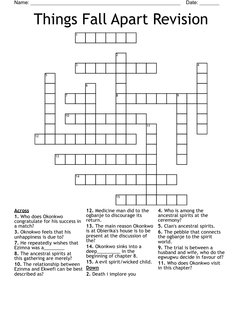 Things Fall Apart Revision Crossword