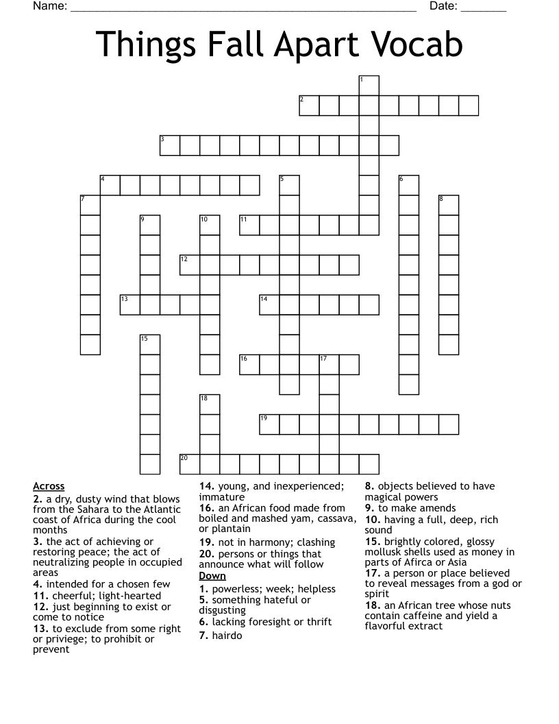 Things Fall Apart Vocab Crossword
