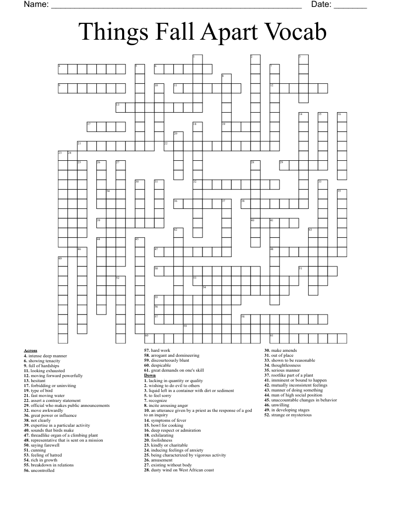 Things Fall Apart Vocab Crossword