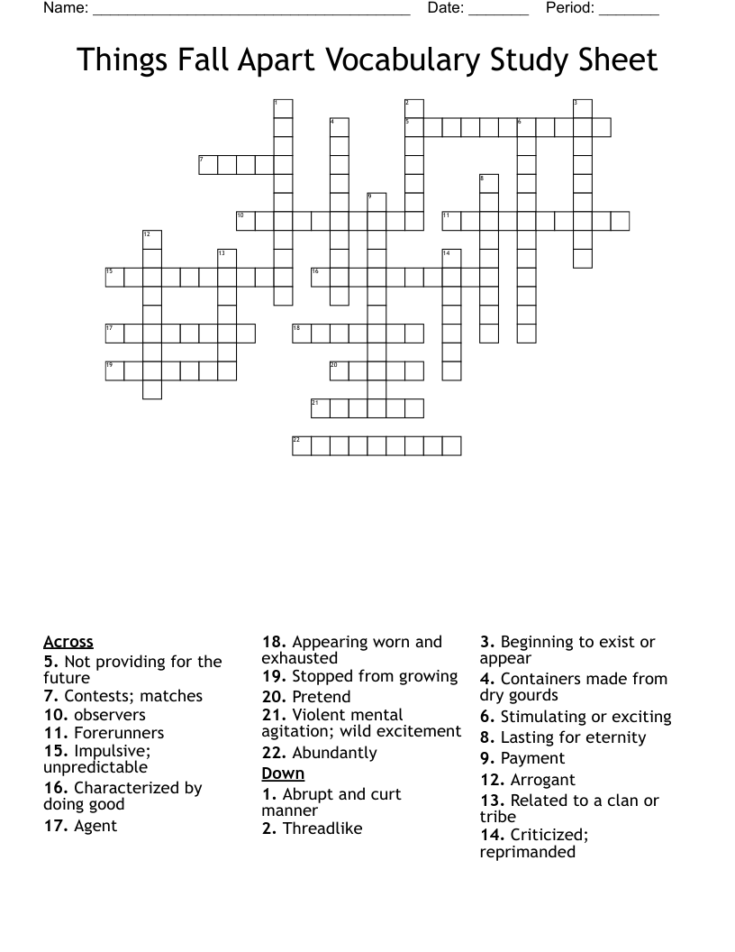 Things Fall Apart Vocabulary Study Sheet Crossword