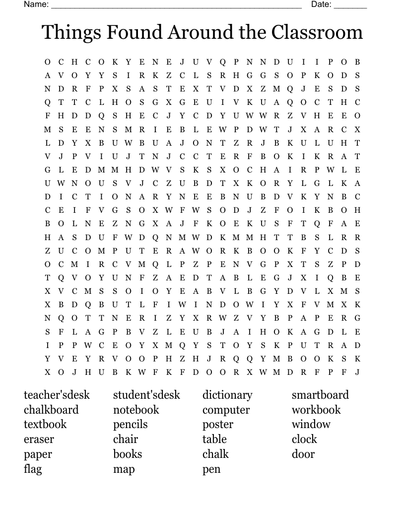 Things Found Around the Classroom Word Search