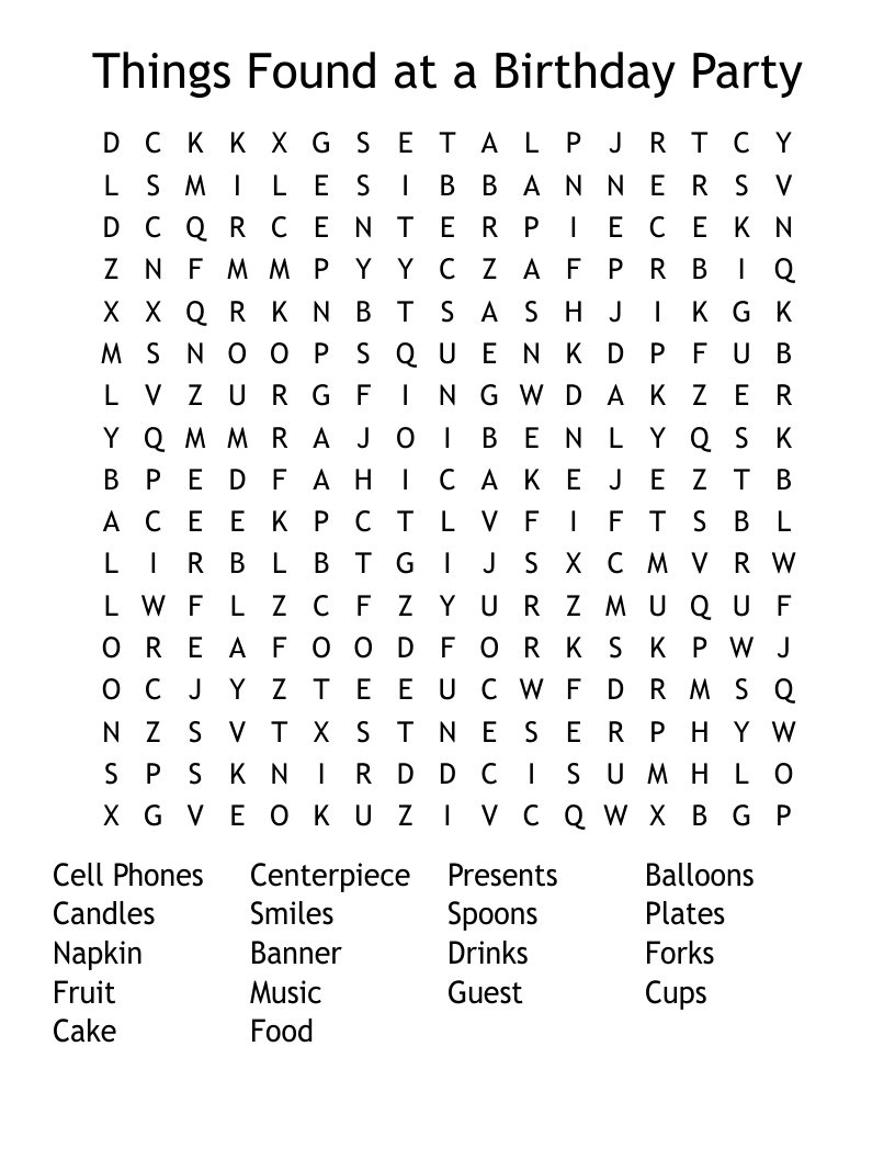 Things Found at a Birthday Party Word Search