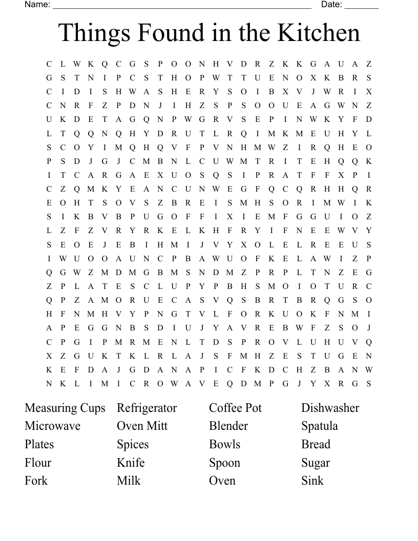 Things Found in the Kitchen Word Search