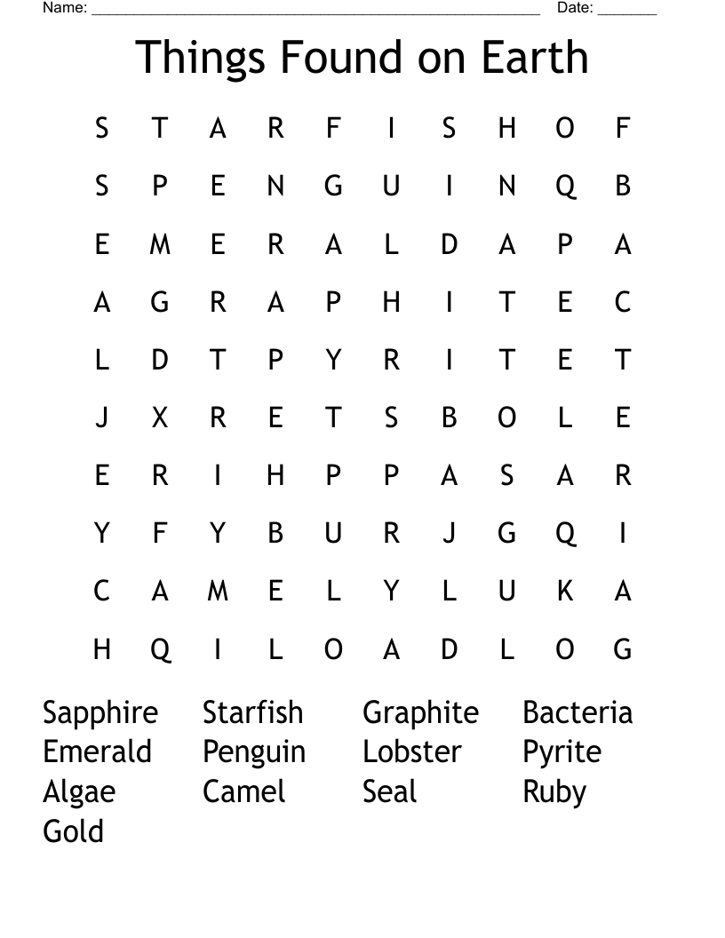 Things Found on Earth Word Search