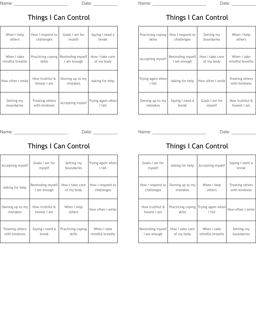 Things I Can Control Bingo Cards