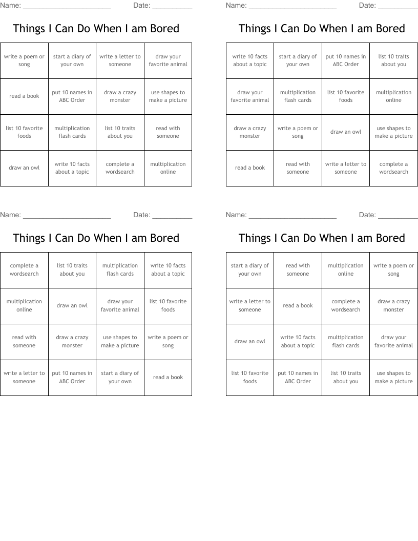 Things I Can Do When I am Bored Bingo Cards