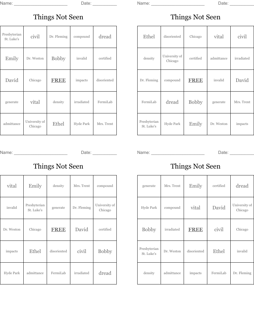 Things Not Seen Bingo Cards