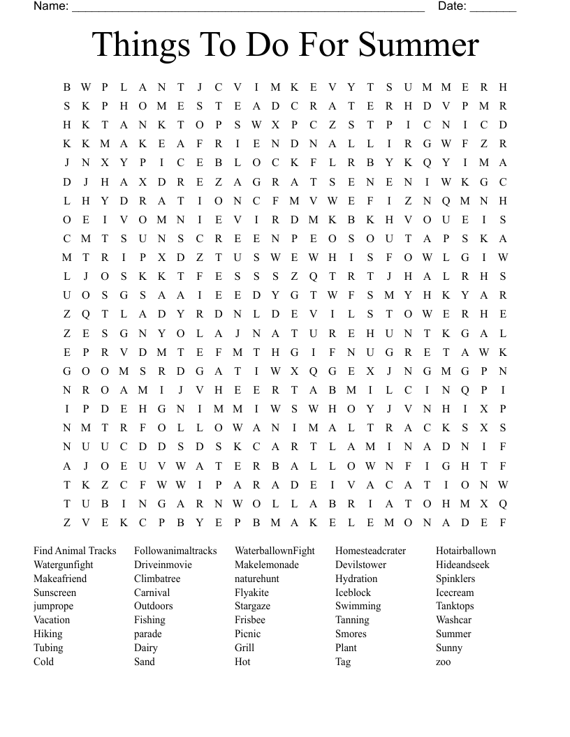 Things To Do For Summer Word Search
