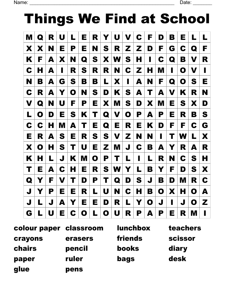 Things We Find at School Word Search
