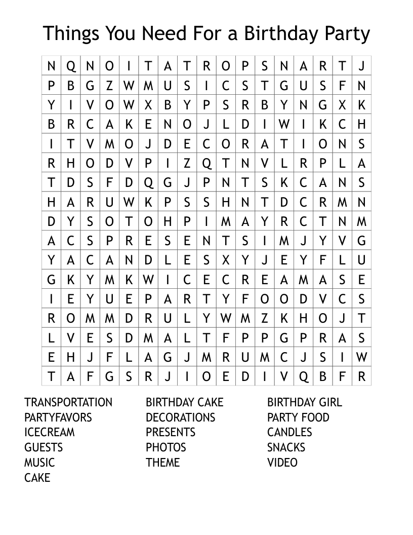 Things You Need For a Birthday Party Word Search