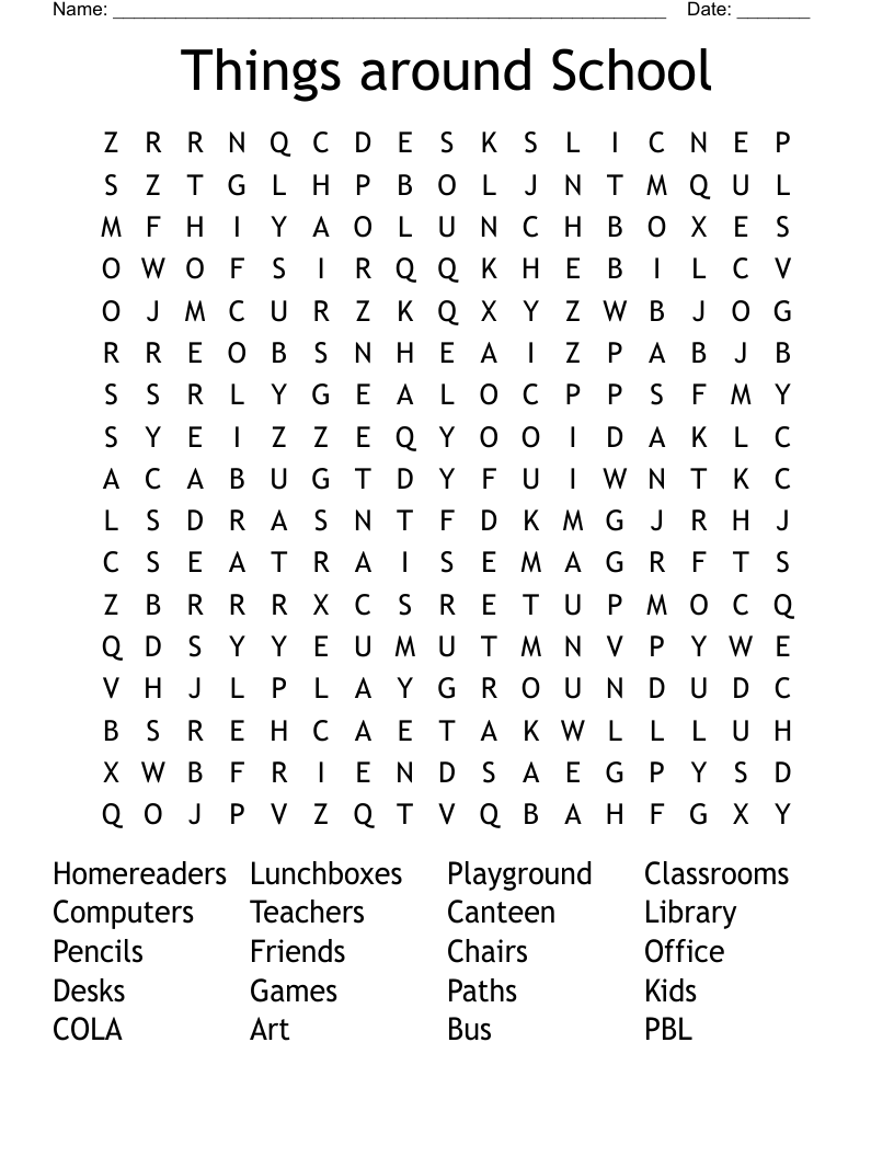 Things around School Word Search