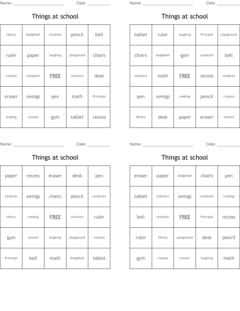 Things at school Bingo Cards