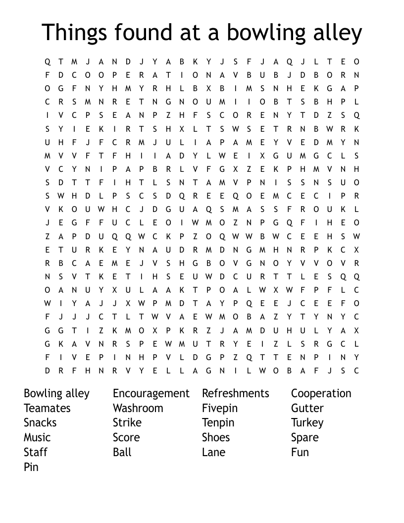 Things found at a bowling alley Word Search