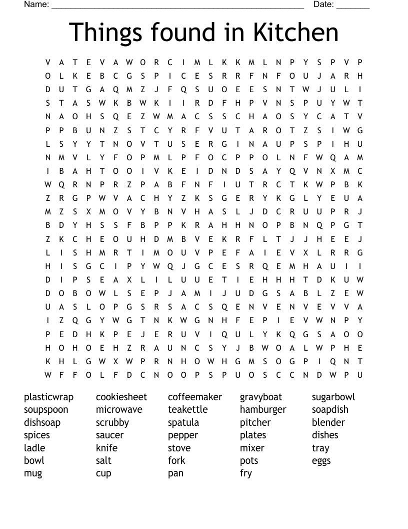 Things found in Kitchen Word Search