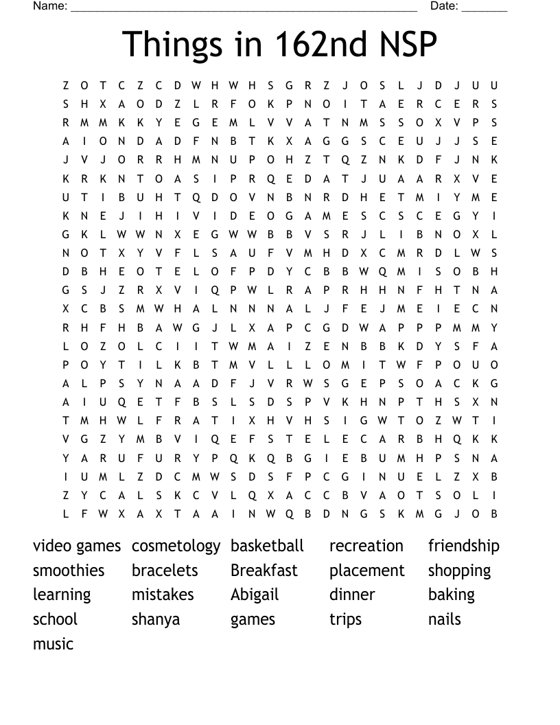 Things in 162nd NSP Word Search