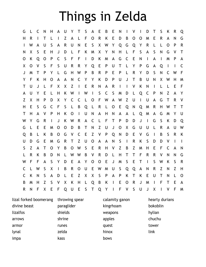 Things in Zelda  Word Search