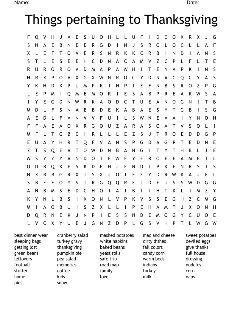 Things pertaining to Thanksgiving Word Search
