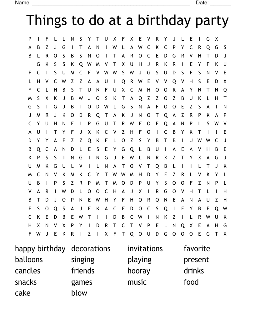 Things to do at a birthday party Word Search